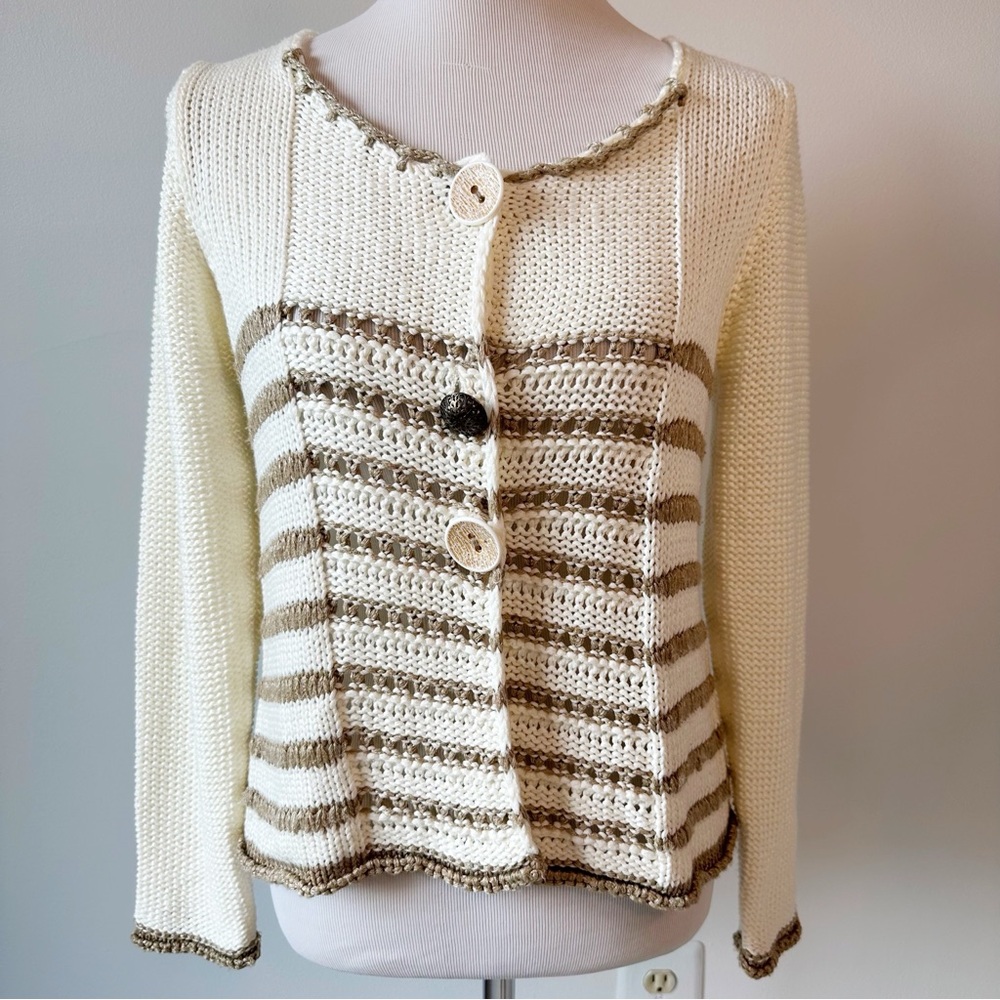 Skovhuus Cream Tan Striped Open Knit Cardigan, size Medium